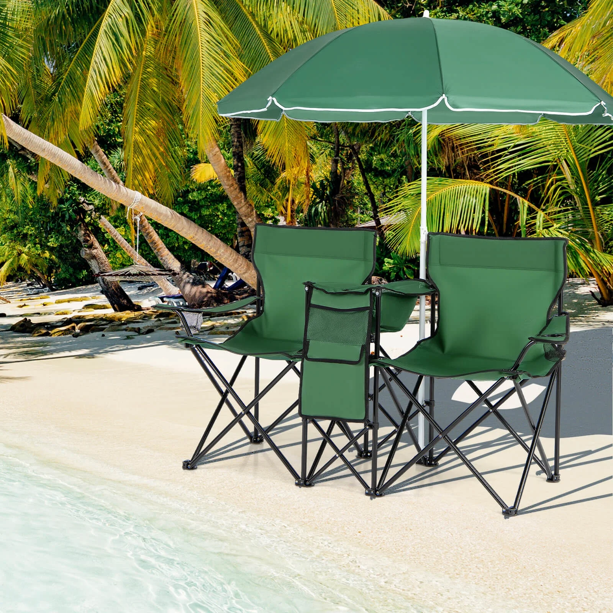 Portable Folding Picnic Double Chair with Umbrella Table Cooler Beach Camping，Green Green
