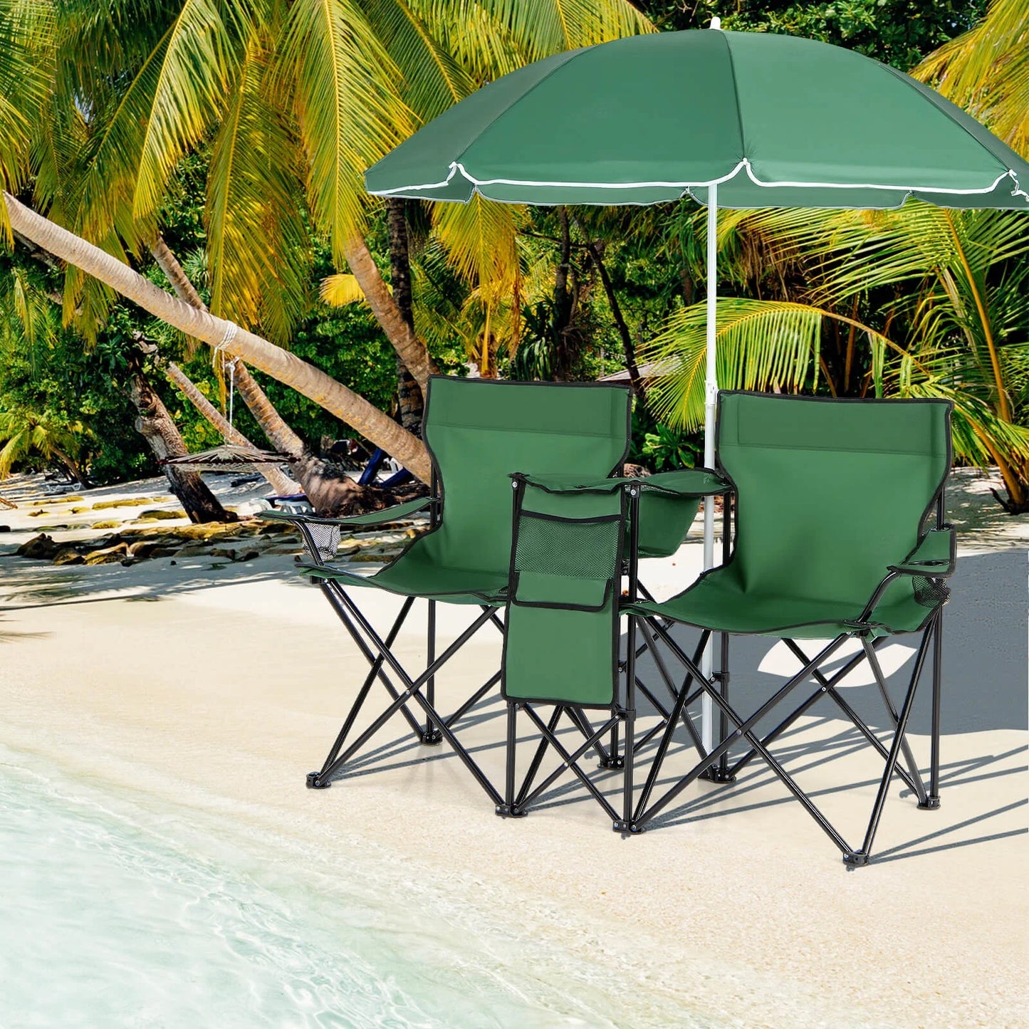 Portable Folding Picnic Double Chair with Umbrella Table Cooler Beach Camping，Green Green