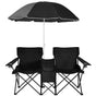 Portable Folding Picnic Double Chair W/Umbrella Table Cooler Beach Camping Black