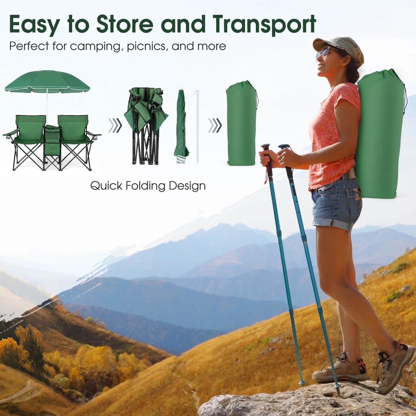 Portable Folding Picnic Double Chair with Umbrella Table Cooler Beach Camping，Green Green