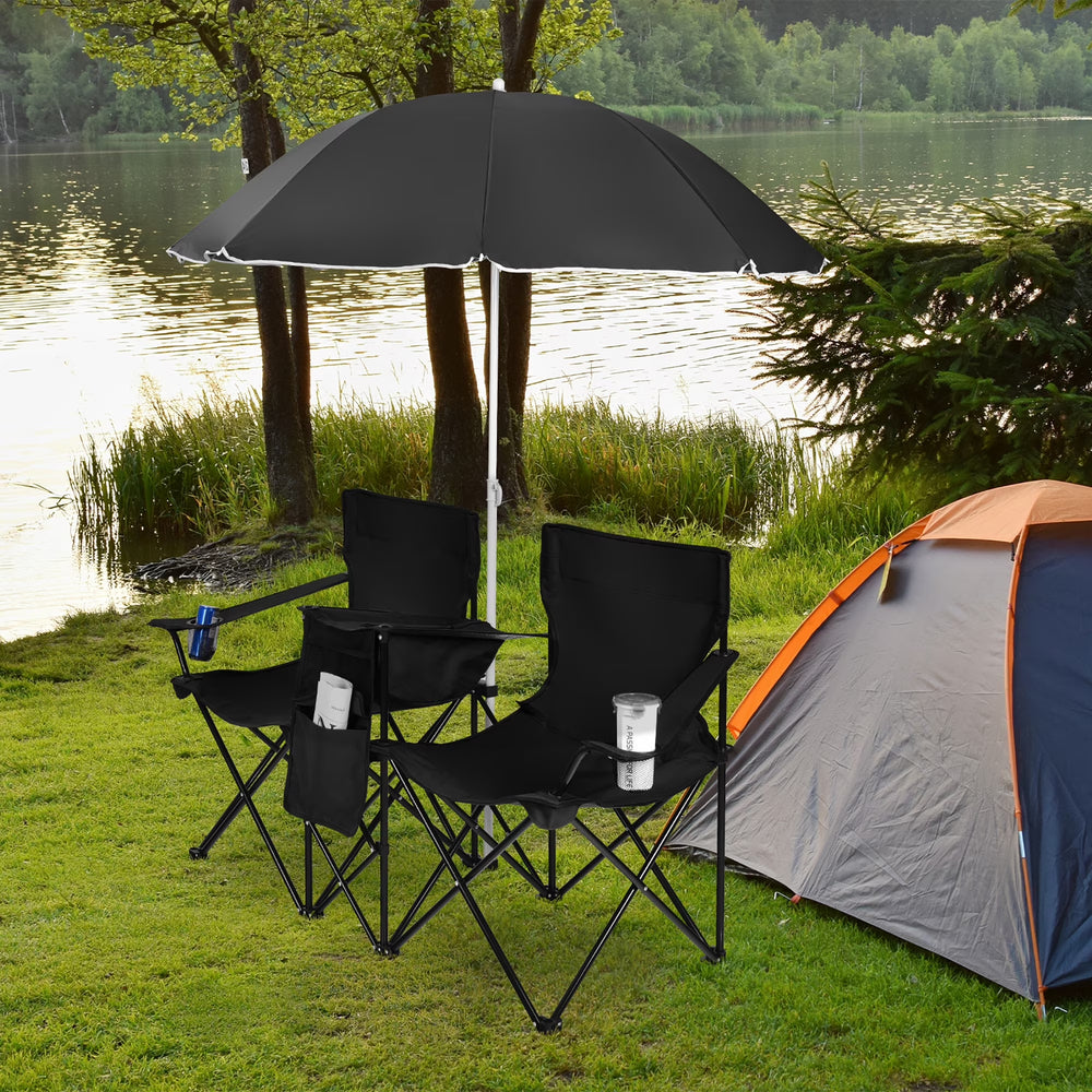Portable Folding Picnic Double Chair W/Umbrella Table Cooler Beach Camping Black