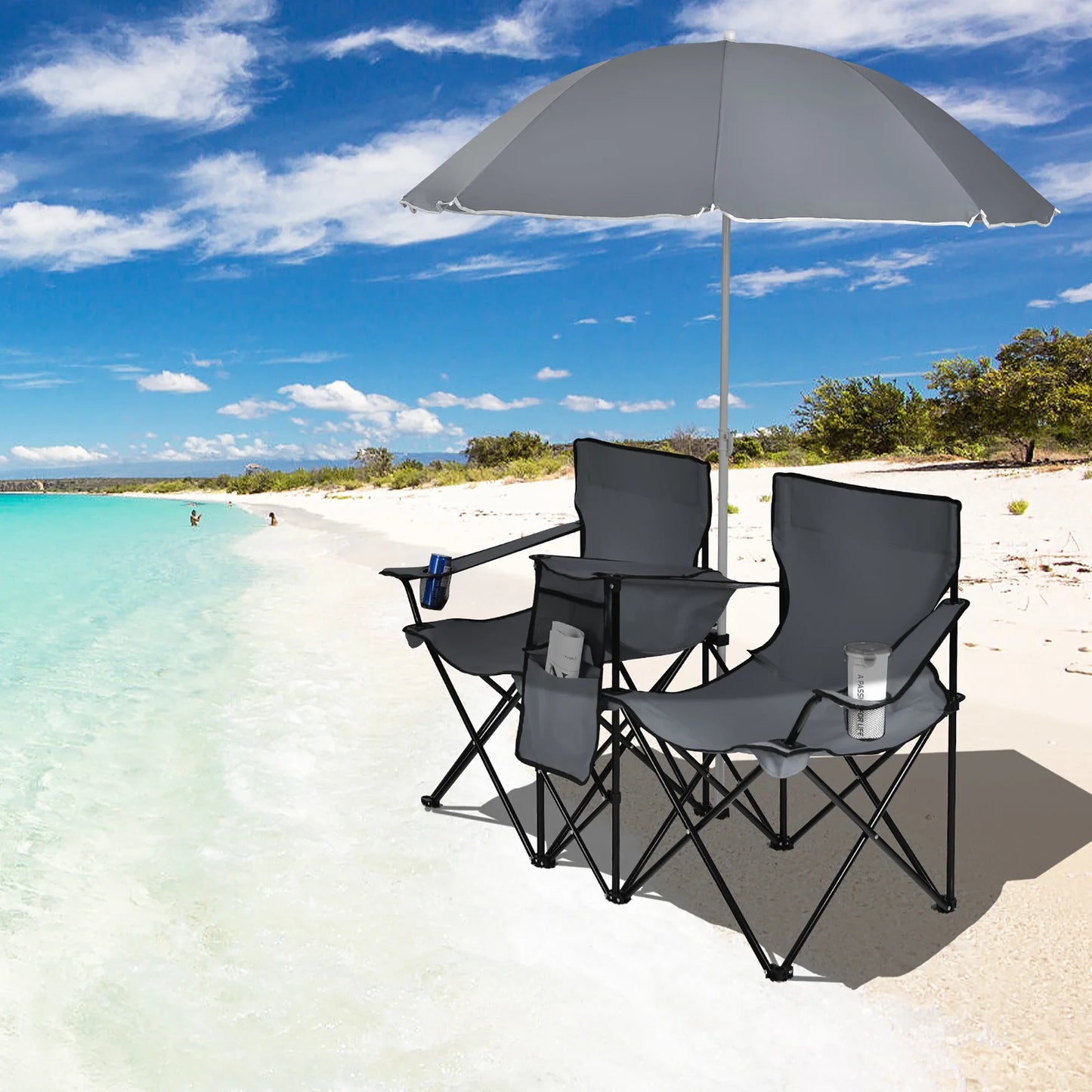 Portable Folding Picnic Double Chair W/Umbrella Table Cooler Beach Camping Gray