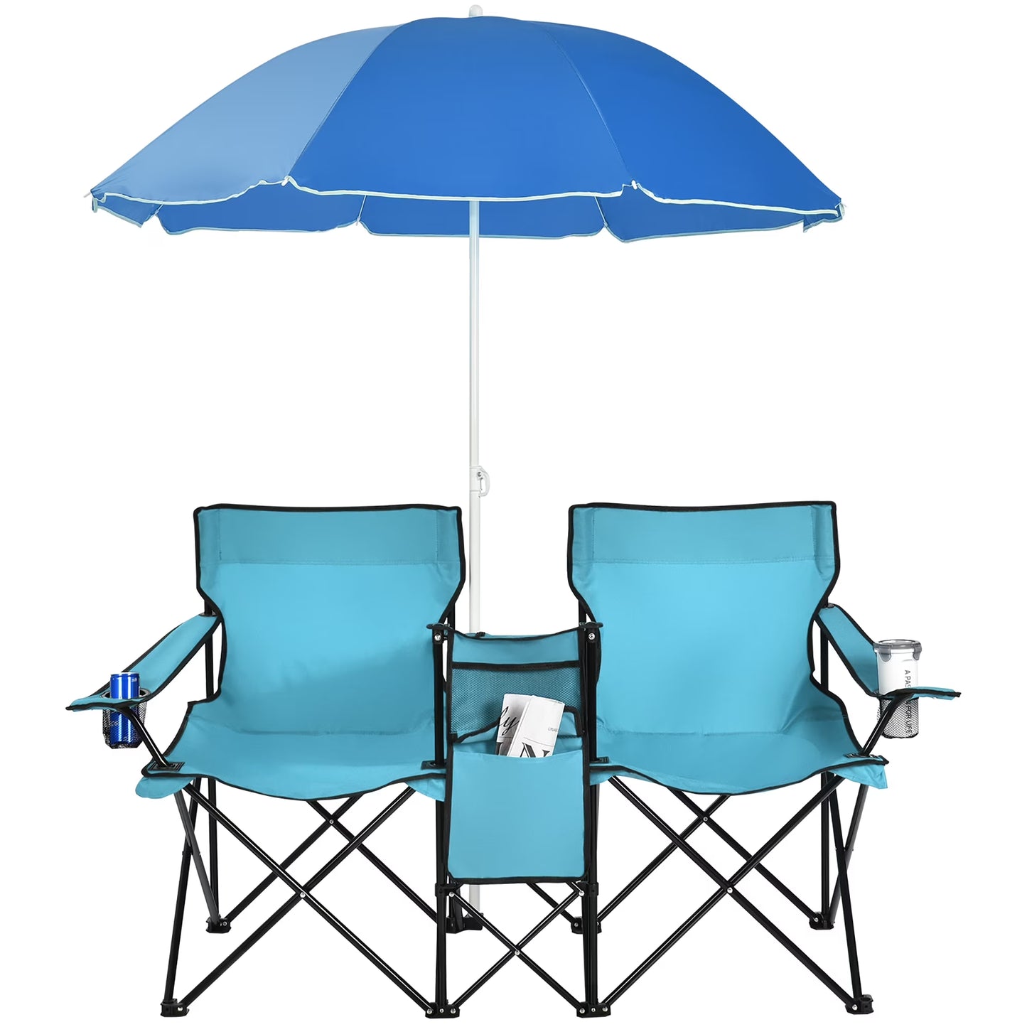 Portable Folding Picnic Double Chair W/Umbrella Table Cooler Beach Camping Turquoise