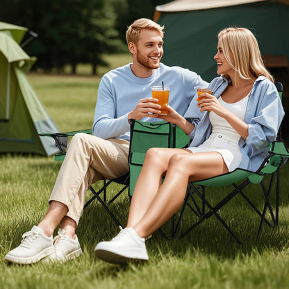 Portable Folding Picnic Double Chair with Umbrella Table Cooler Beach Camping，Green Green