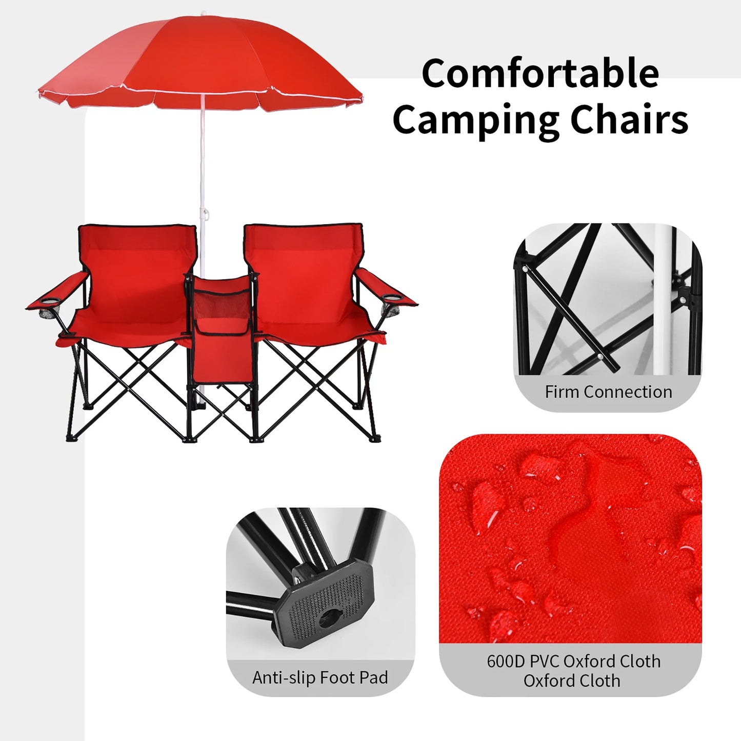 Portable Folding Picnic Double Chair W/Umbrella Table Cooler Beach Camping Red
