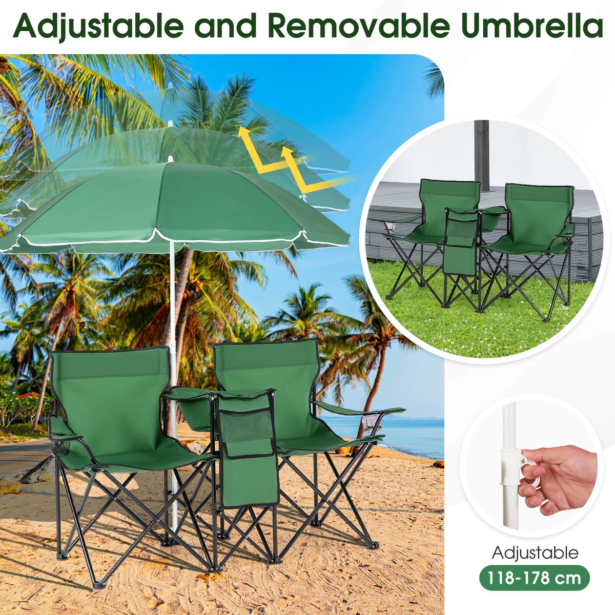Portable Folding Picnic Double Chair with Umbrella Table Cooler Beach Camping，Green Green