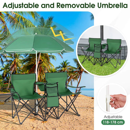Portable Folding Picnic Double Chair with Umbrella Table Cooler Beach Camping，Green Green