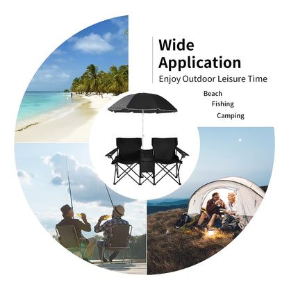 Portable Folding Picnic Double Chair W/Umbrella Table Cooler Beach Camping Black