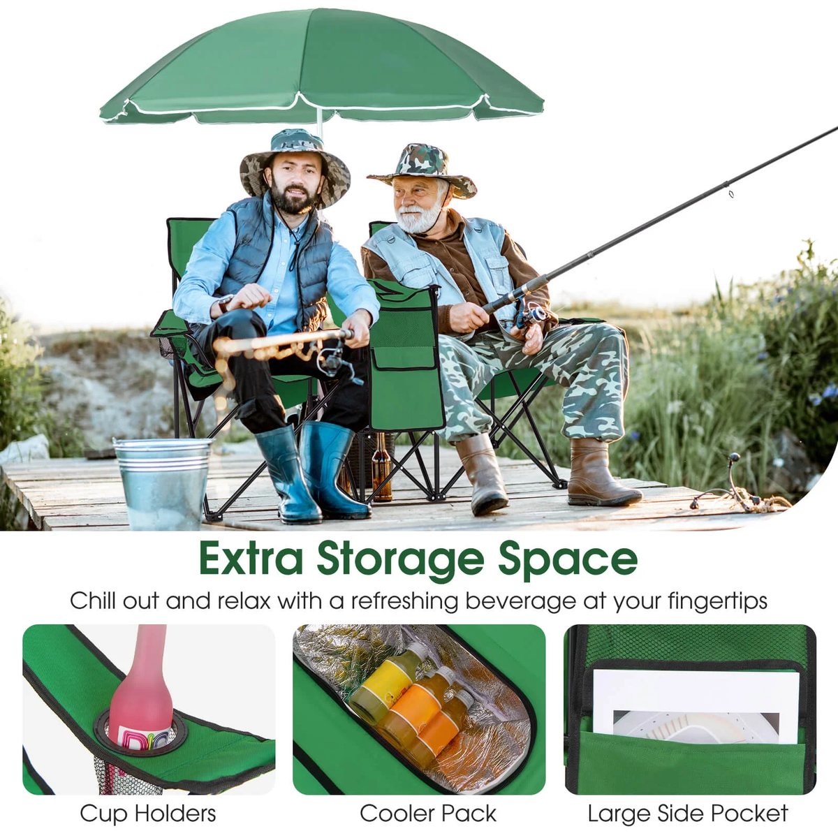 Portable Folding Picnic Double Chair with Umbrella Table Cooler Beach Camping，Green Green