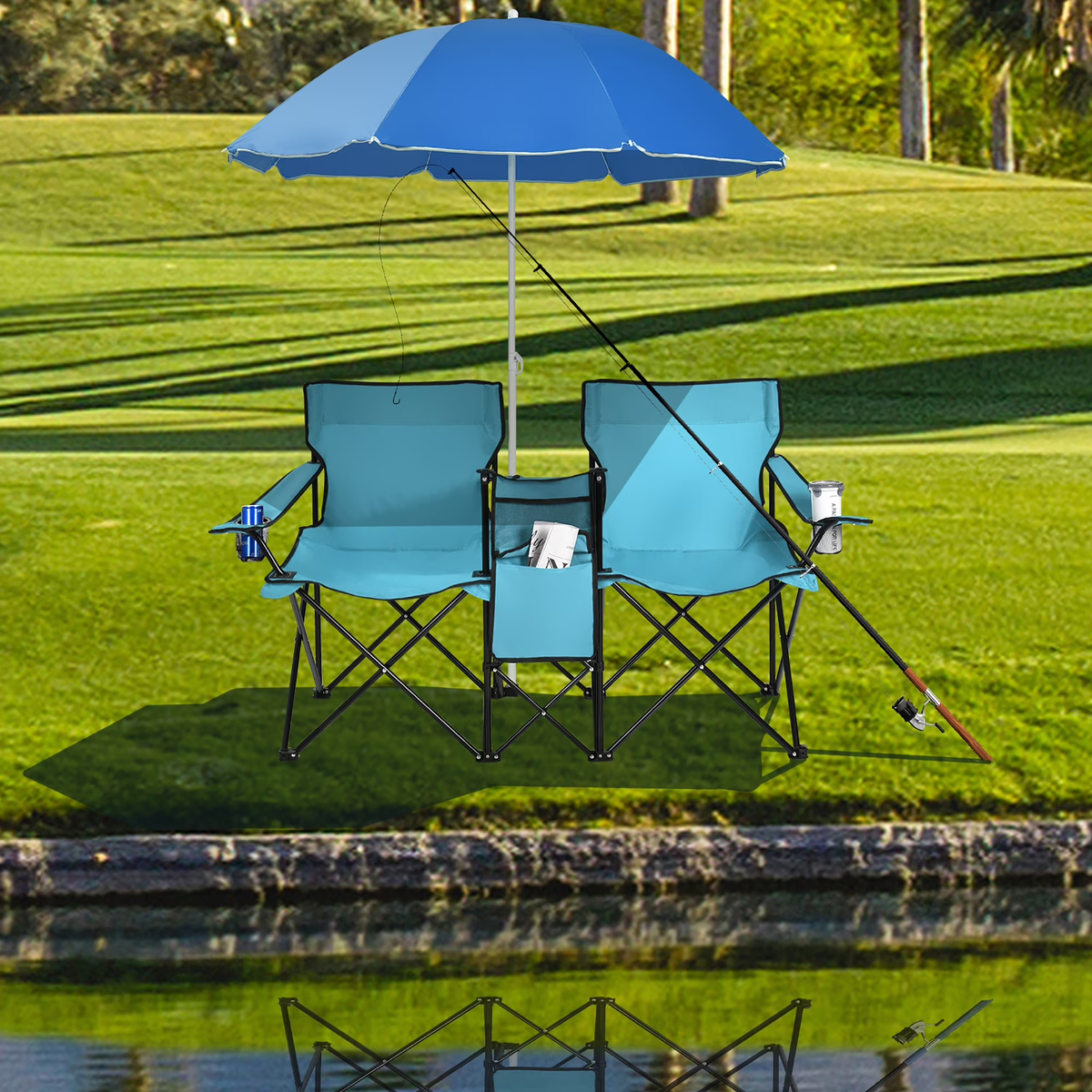 Portable Folding Picnic Double Chair W/Umbrella Table Cooler Beach Camping Turquoise