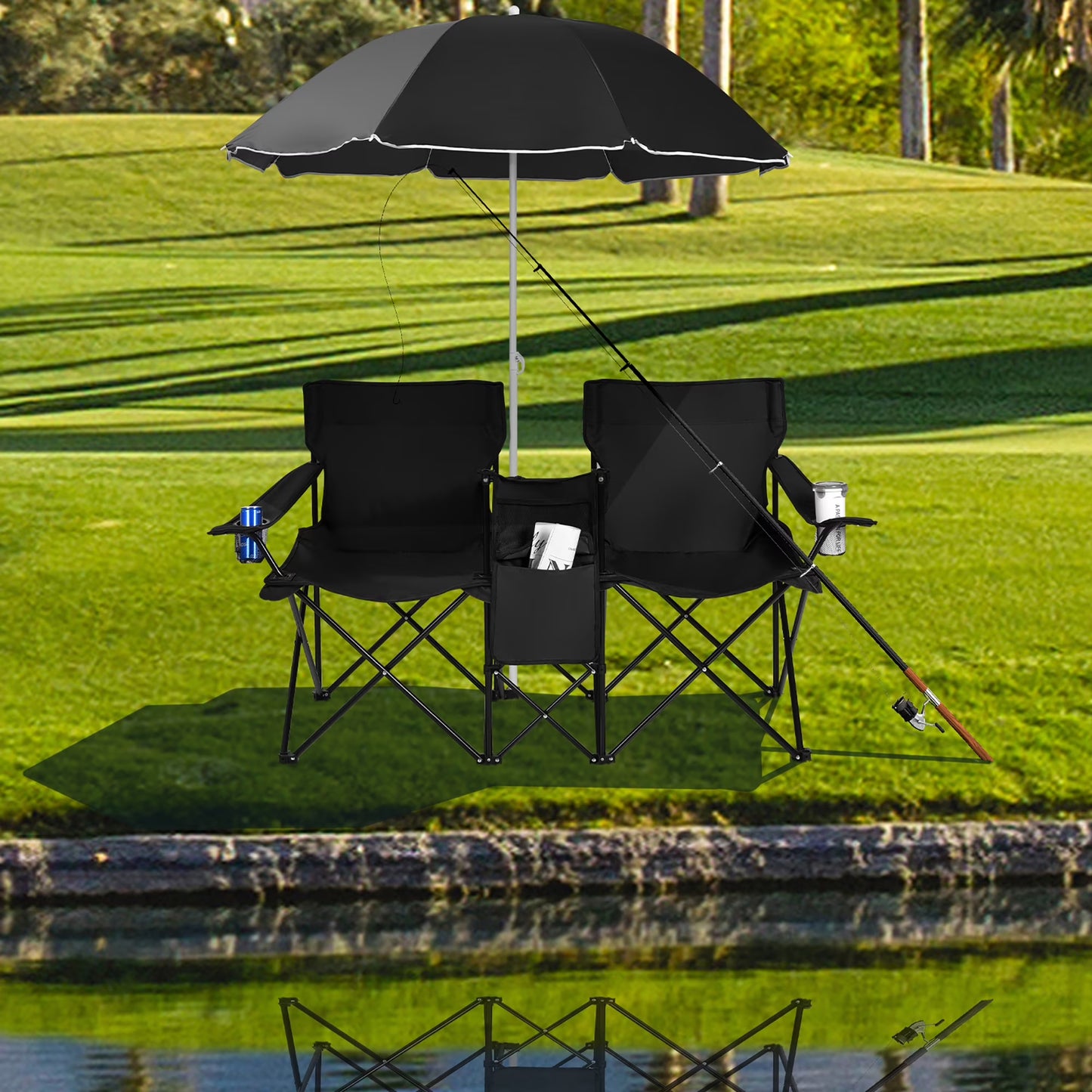 Portable Folding Picnic Double Chair W/Umbrella Table Cooler Beach Camping Black