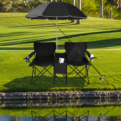 Portable Folding Picnic Double Chair W/Umbrella Table Cooler Beach Camping Black