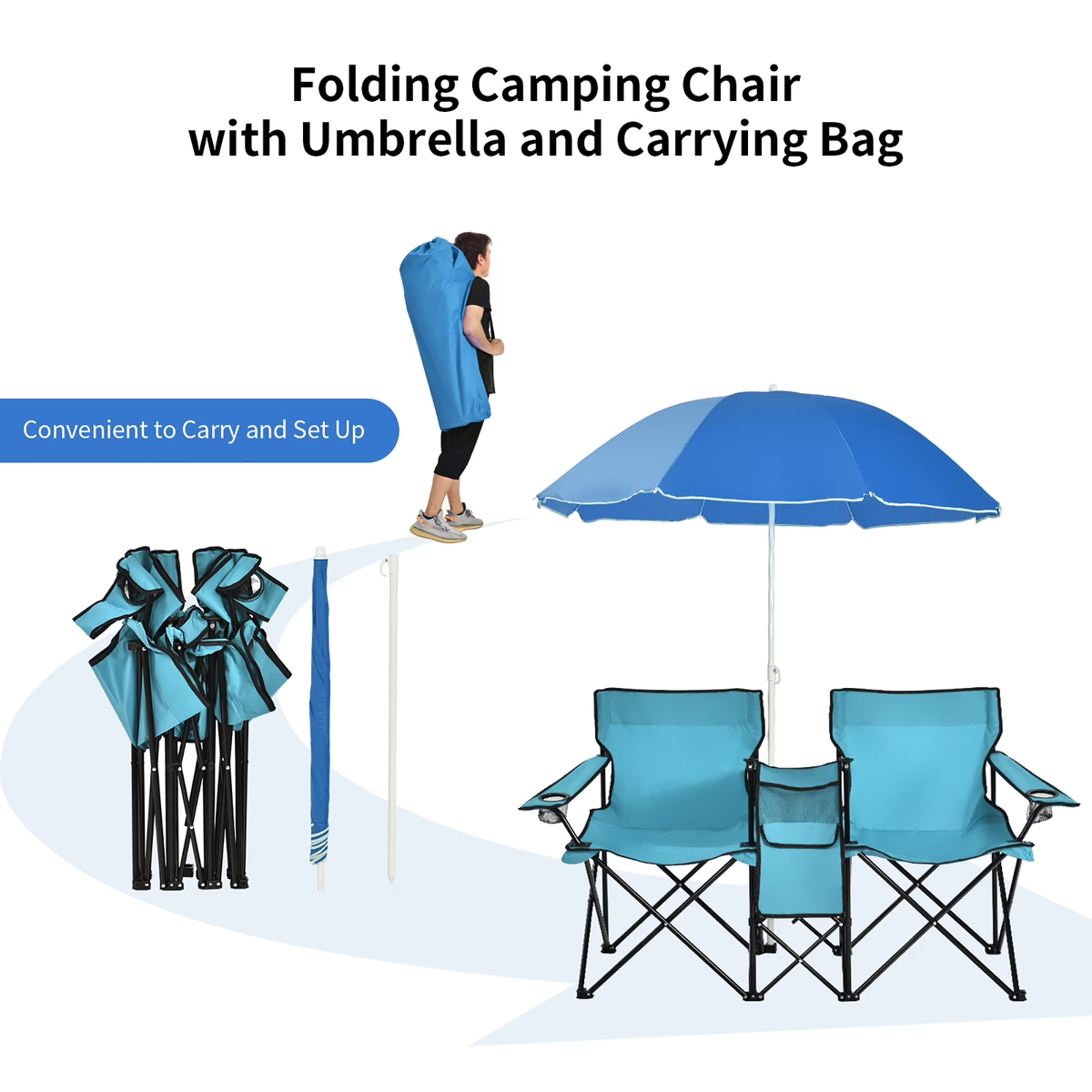 Portable Folding Picnic Double Chair W/Umbrella Table Cooler Beach Camping Turquoise