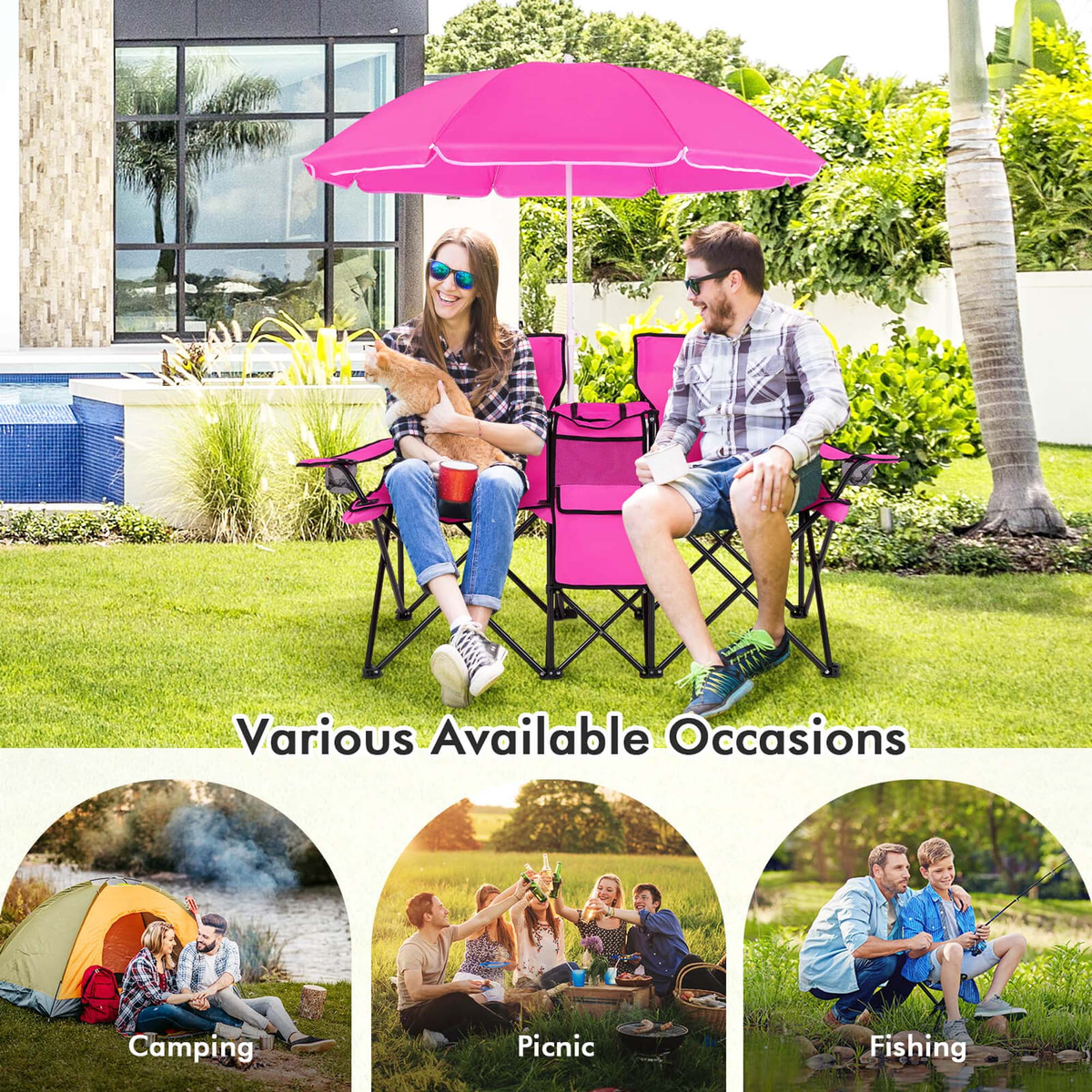 Portable Folding Picnic Double Chair with Umbrella Table Cooler Beach Camping Chair Pink