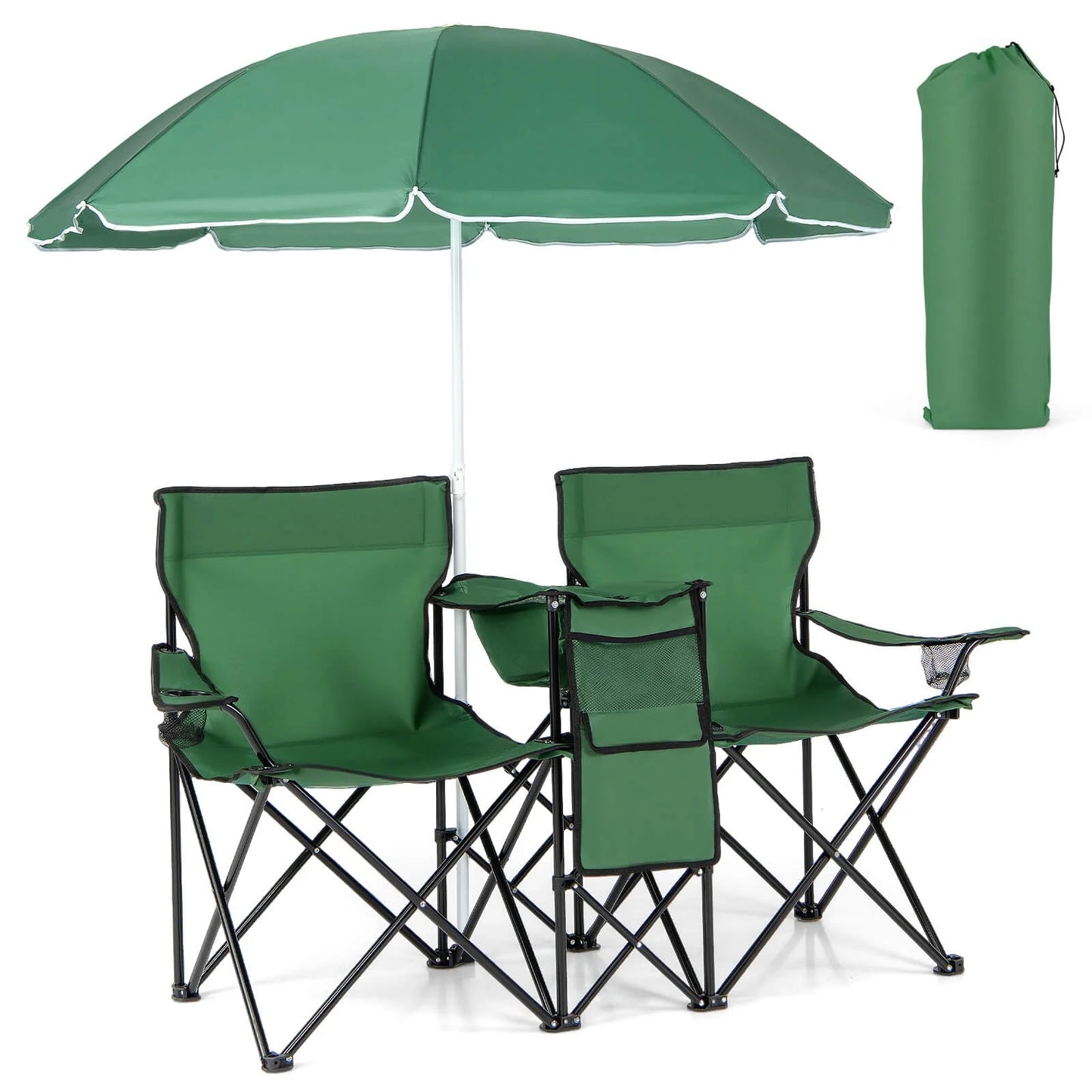 Portable Folding Picnic Double Chair with Umbrella Table Cooler Beach Camping，Green Green