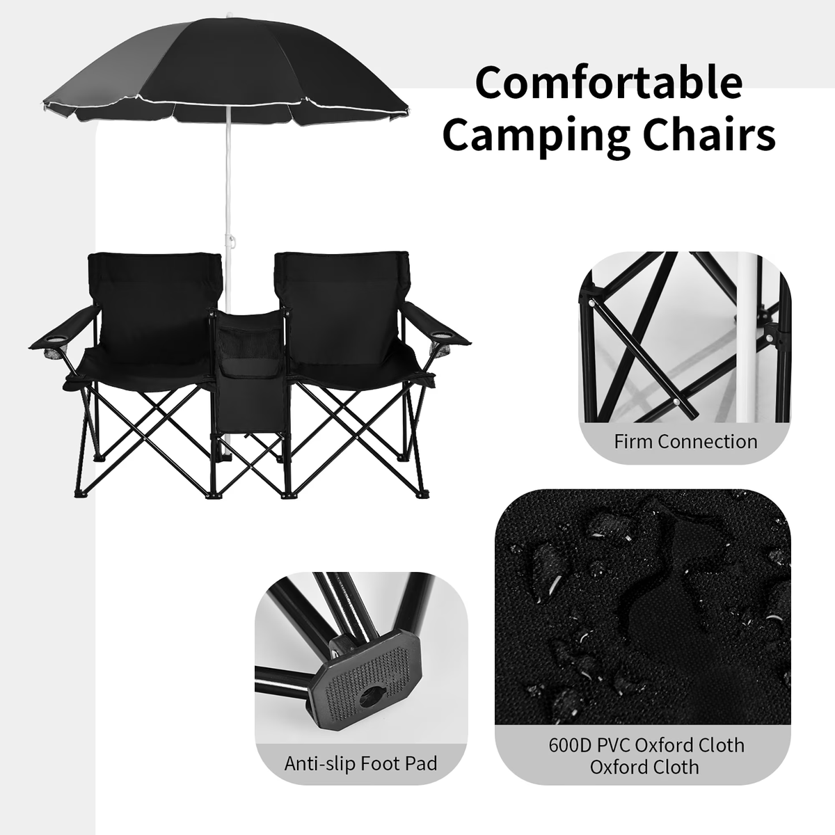 Portable Folding Picnic Double Chair W/Umbrella Table Cooler Beach Camping Black