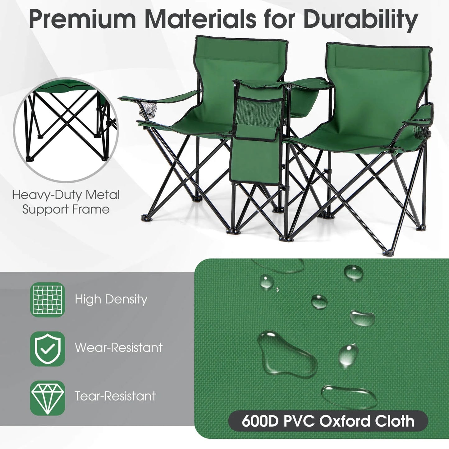 Portable Folding Picnic Double Chair with Umbrella Table Cooler Beach Camping，Green Green