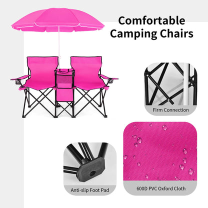 Portable Folding Picnic Double Chair with Umbrella Table Cooler Beach Camping Chair Pink
