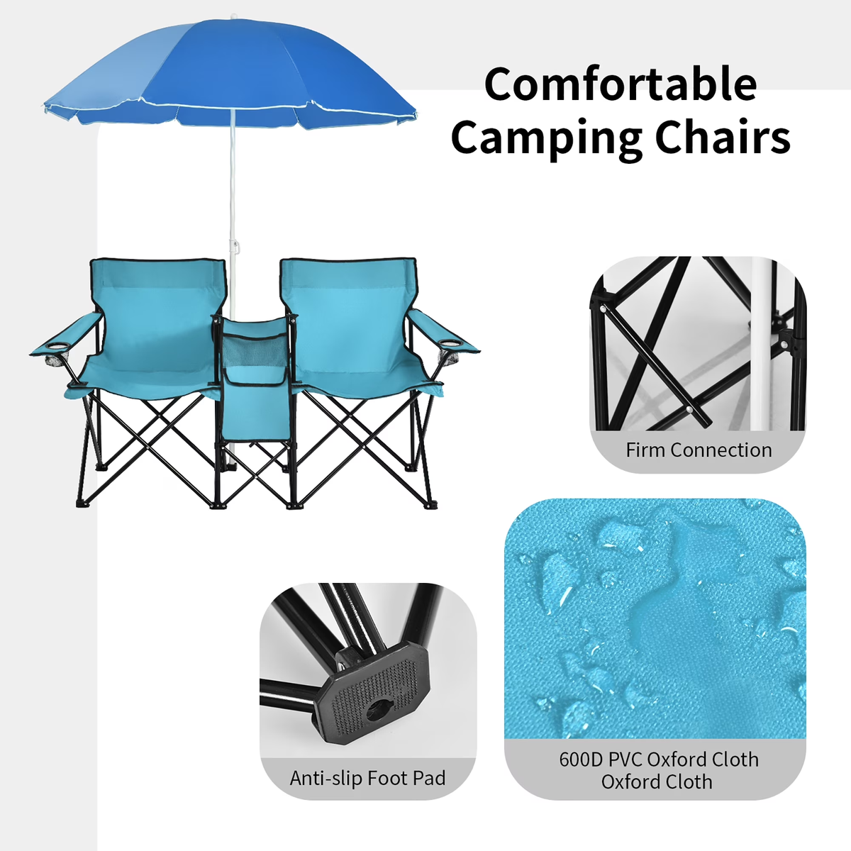 Portable Folding Picnic Double Chair W/Umbrella Table Cooler Beach Camping Turquoise