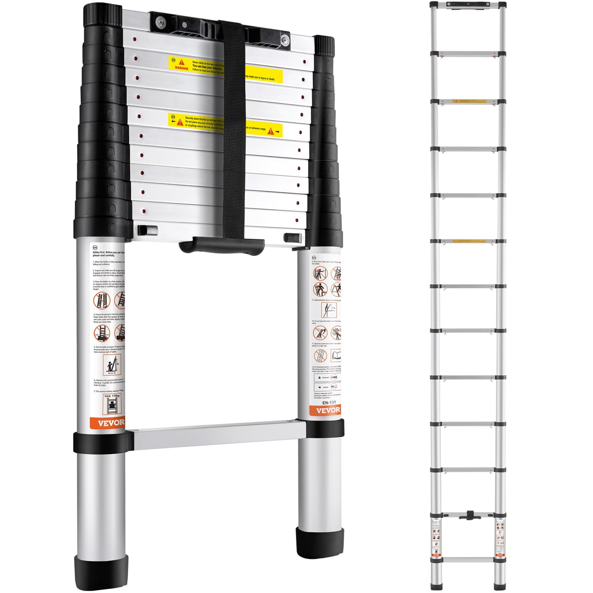 Retractable Telescoping Ladder, 10.5 Ft, Nylon Plastic Silver