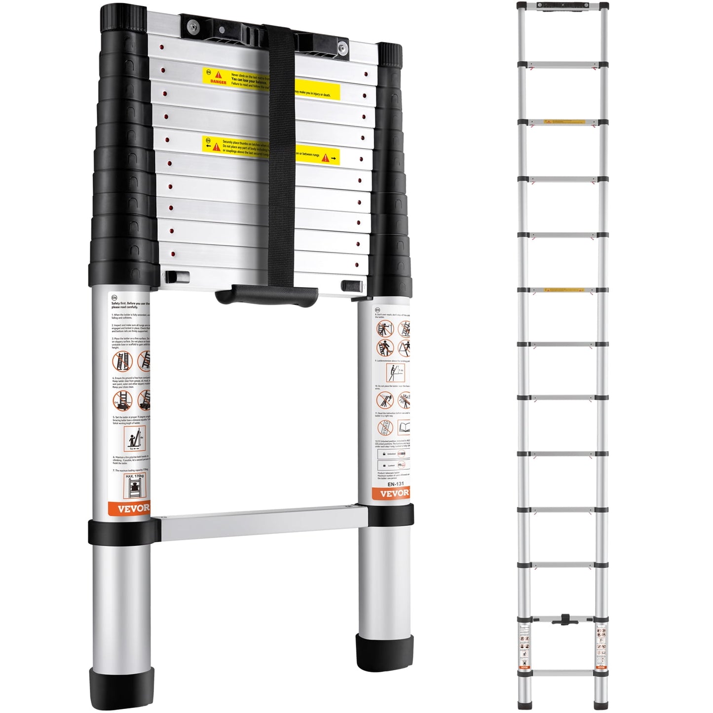 Retractable Telescoping Ladder, 10.5 Ft, Nylon Plastic Silver
