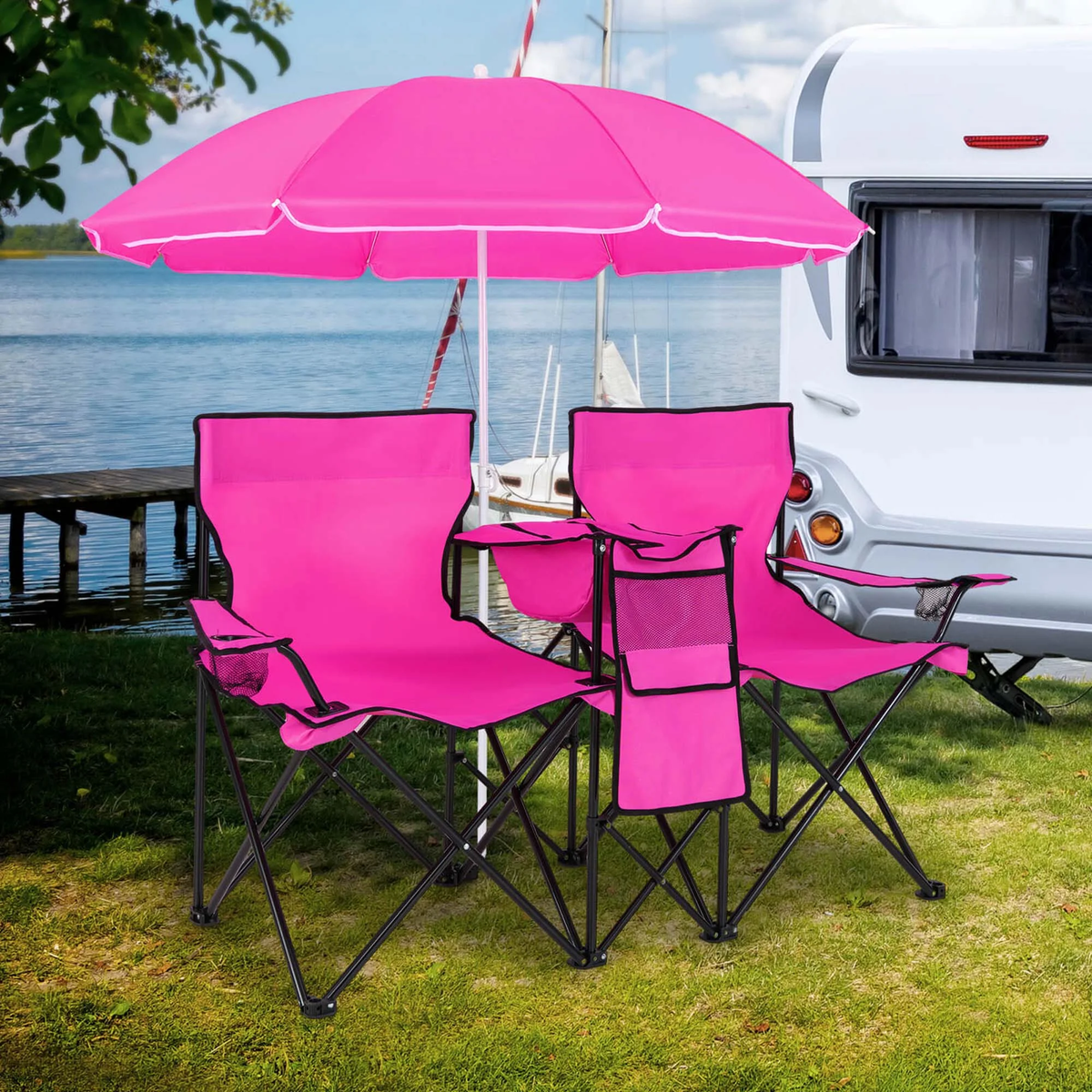 Portable Folding Picnic Double Chair with Umbrella Table Cooler Beach Camping Chair Pink