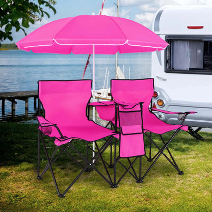 Portable Folding Picnic Double Chair with Umbrella Table Cooler Beach Camping Chair Pink