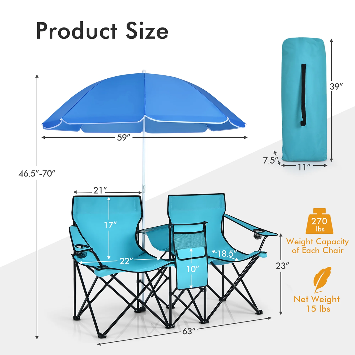 Portable Folding Picnic Double Chair W/Umbrella Table Cooler Beach Camping Turquoise