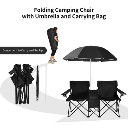 Portable Folding Picnic Double Chair W/Umbrella Table Cooler Beach Camping Black
