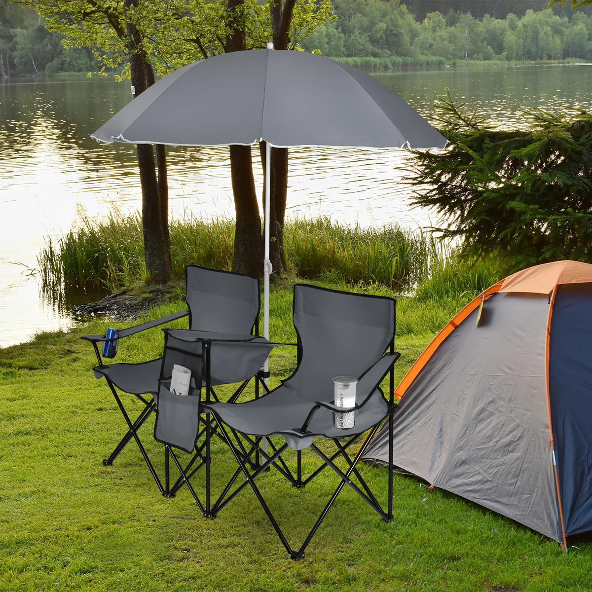 Portable Folding Picnic Double Chair W/Umbrella Table Cooler Beach Camping Gray