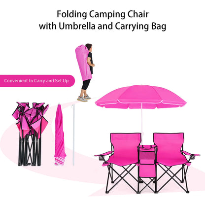 Portable Folding Picnic Double Chair with Umbrella Table Cooler Beach Camping Chair Pink