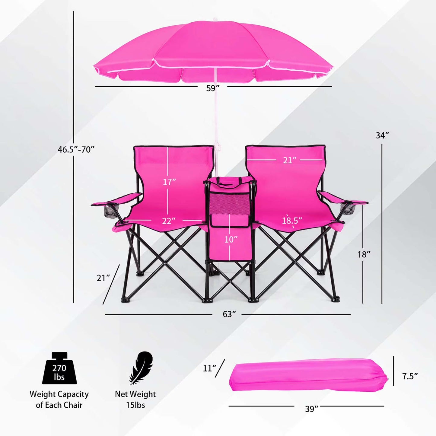Portable Folding Picnic Double Chair with Umbrella Table Cooler Beach Camping Chair Pink