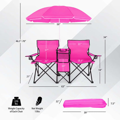 Portable Folding Picnic Double Chair with Umbrella Table Cooler Beach Camping Chair Pink