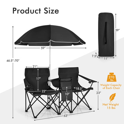 Portable Folding Picnic Double Chair W/Umbrella Table Cooler Beach Camping Black