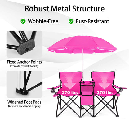 Portable Folding Picnic Double Chair with Umbrella Table Cooler Beach Camping Chair Pink