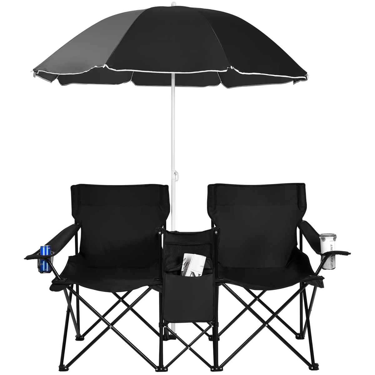 Portable Folding Picnic Double Chair W/Umbrella Table Cooler Beach Camping Black